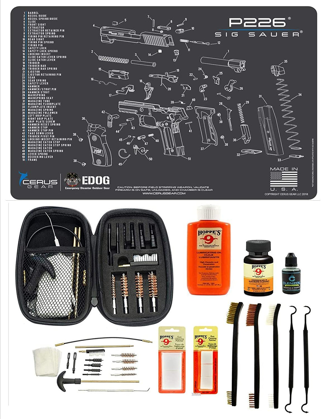 Range Warrior 27 Pc Gun Cleaning Kit - Compatible with Sig P226 - Schematic (Exploded View) Mat .22 9mm - .45 Kit