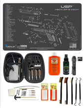 Load image into Gallery viewer, EDOG USA BANDIT 29 Pc Pistol Cleaning System - Compatible with Heckler &amp; Koch HK USP Schematic (Exploded View) Mat, Range Warrior Universal .22 9mm - .45 Kit &amp; Clenzoil CLP &amp; Hoppes Gun Oil &amp; Patchs