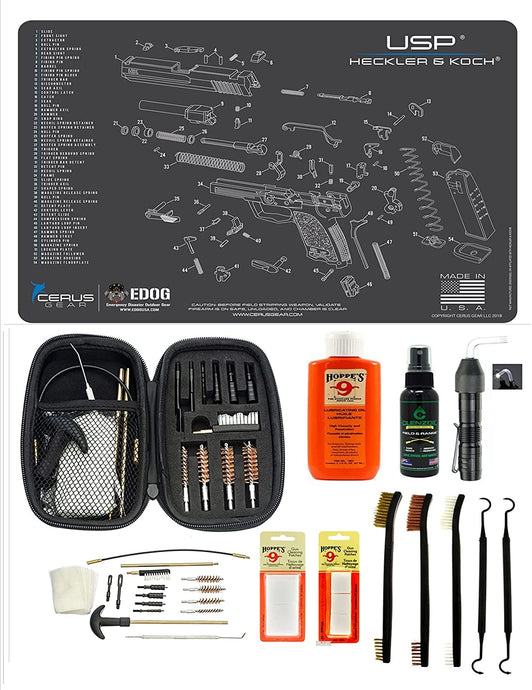 EDOG USA BANDIT 29 Pc Pistol Cleaning System - Compatible with Heckler & Koch HK USP Schematic (Exploded View) Mat, Range Warrior Universal .22 9mm - .45 Kit & Clenzoil CLP & Hoppes Gun Oil & Patchs