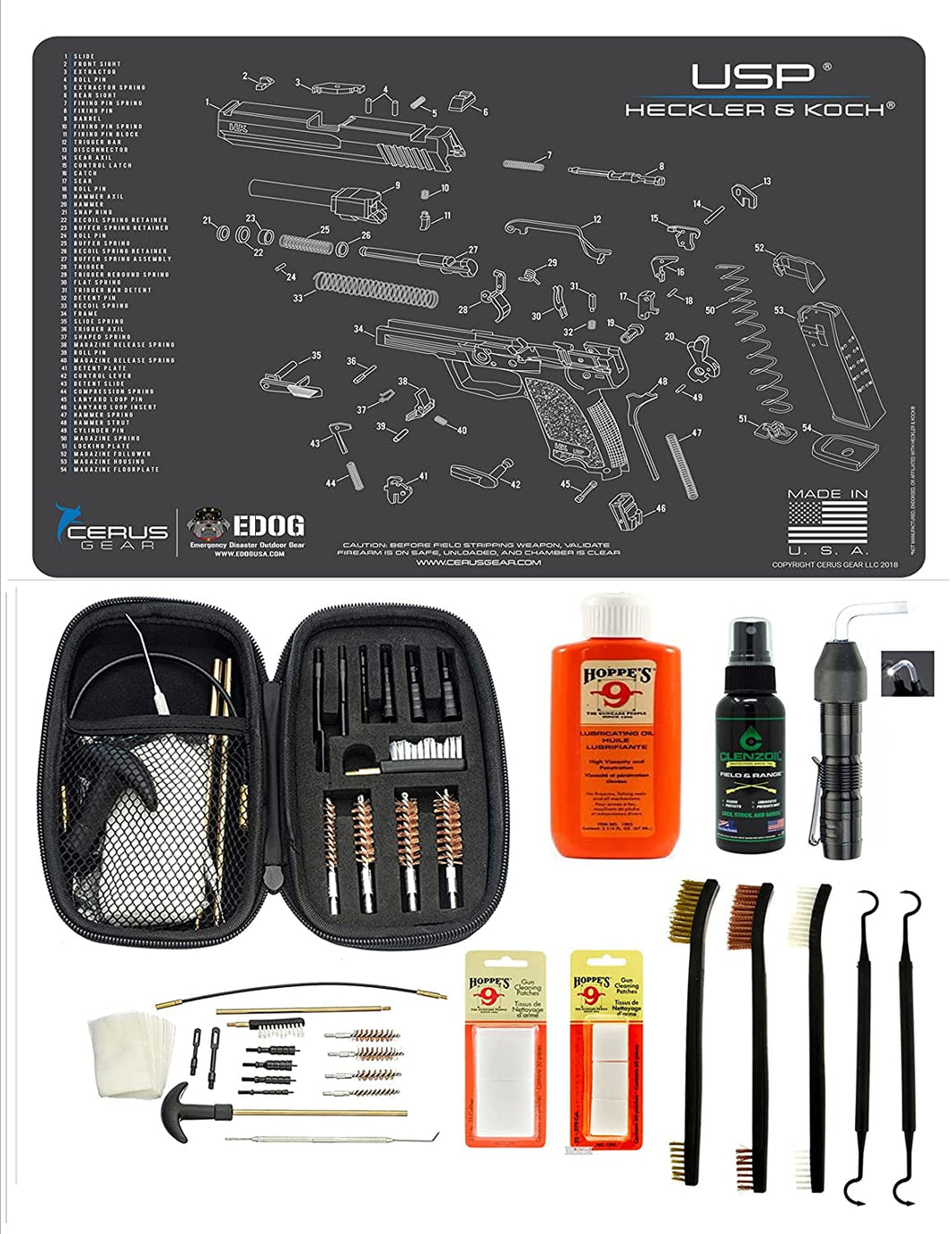 EDOG USA BANDIT 29 Pc Pistol Cleaning System - Compatible with Heckler & Koch HK USP Schematic (Exploded View) Mat, Range Warrior Universal .22 9mm - .45 Kit & Clenzoil CLP & Hoppes Gun Oil & Patchs