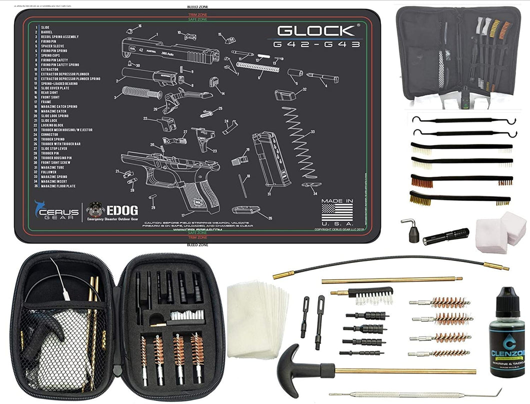 EDOG Premier 30 Pc Gun Cleaning System - Compatible with G42 / G43 - Schematic (Exploded View) Mat, Range Warrior Universal .22 9mm - .45 Kit & Tac Book Accessories Set