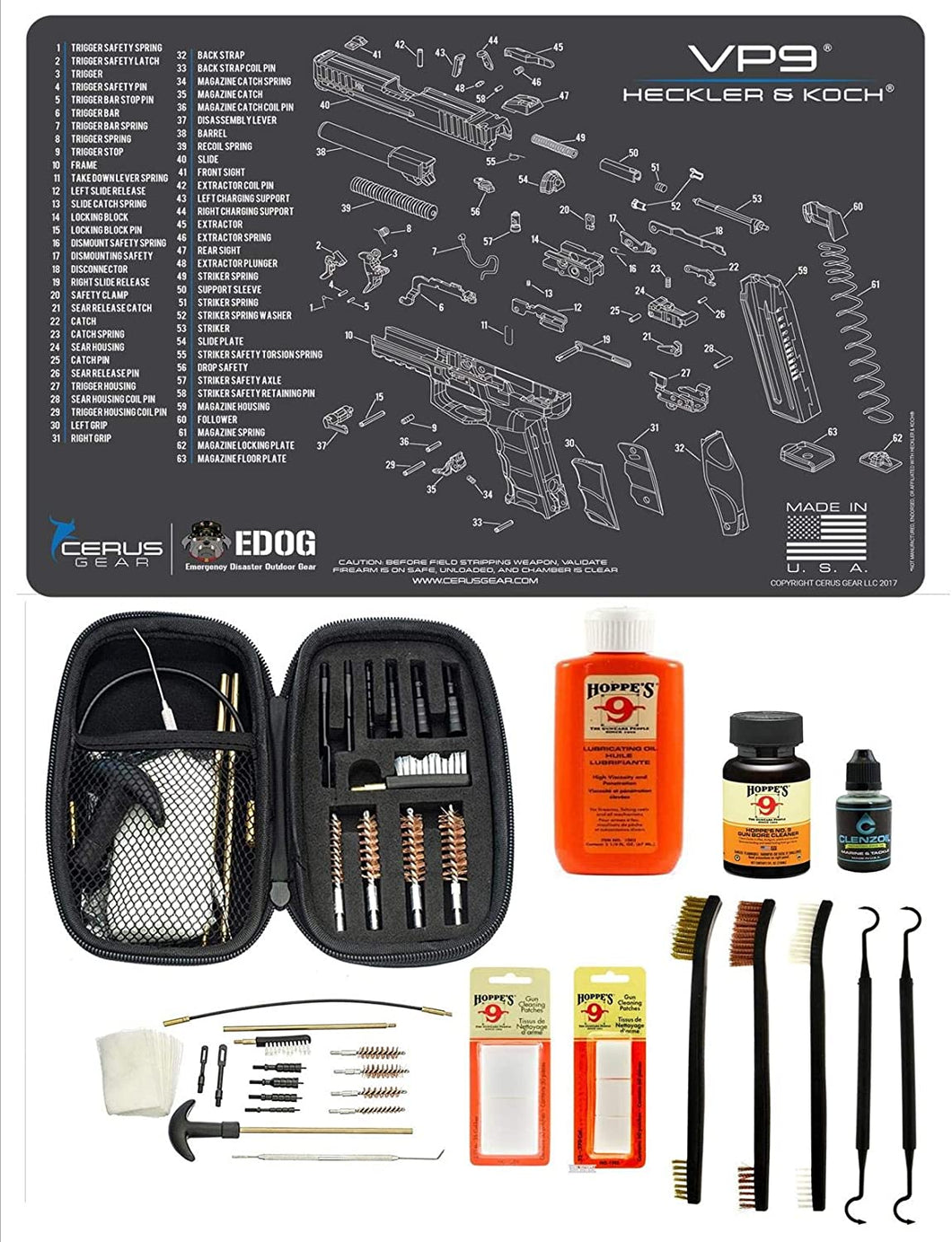 Range Warrior 27 Pc Gun Cleaning Kit - Compatible with Heckler & Koch HK VP9 - Schematic (Exploded View) Mat .22 9mm - .45 Kit