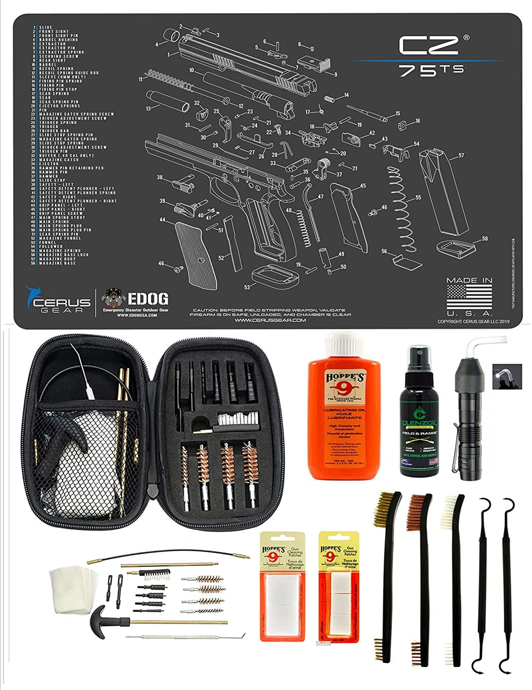 EDOG USA BANDIT 29 Pc Pistol Cleaning System - Compatible with CZ 75 TS - Schematic (Exploded View) Mat, Range Warrior Universal .22 9mm - .45 Kit & Clenzoil CLP & Hoppes Gun Oil & Patchs