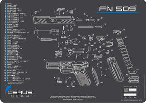 FN509 CERUS Gear Schematic (Exploded View) Pistol ProMat, Range Warrior .22 .38 .357 9MM .45-20 PC & 12 PC Tac Book Range, Field & Bench Handgun Cleaning Essentials Kit