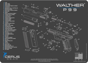 WALTHER P99 CERUS Gear Schematic (Exploded View) Pistol ProMat, Range Warrior .22 .38 .357 9MM .45-20 PC & 12 PC Tac Book Range, Field & Bench Handgun Cleaning Essentials Kit