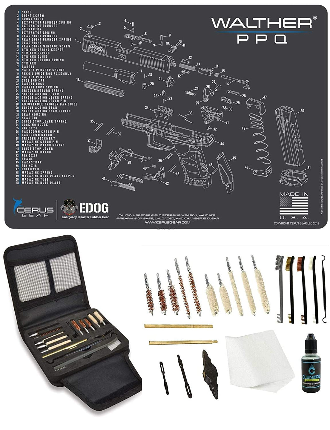 EDOG Walther PPQ Promat & 20 Pc Gunslinger Universal Handgun Cleaning Kit | Clenzoil CLP | Brushes | Mops | Patchs | Jags | .22 - .45 Caliber…